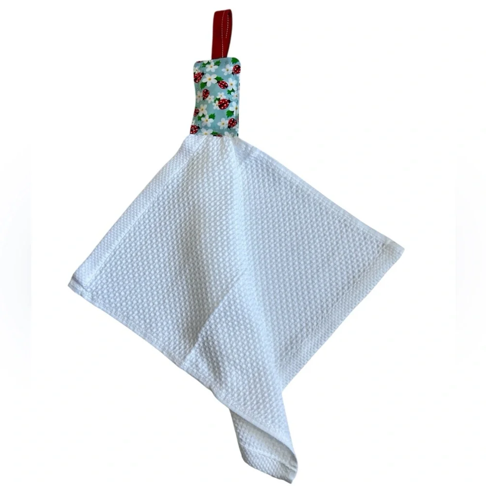 Hand Crafted Floral Ladybugs Red and White Hanging Kitchen Towel Cotton